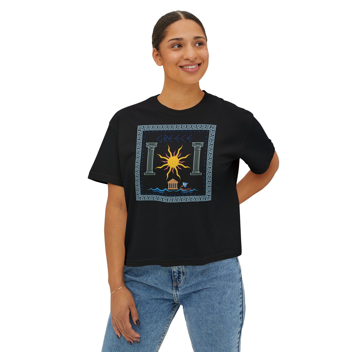 Greek Summer Boxy Graphic Tee,  Summer Greece Travel Theme- Women's Relaxed Short Sleeve Fit T-Shirt