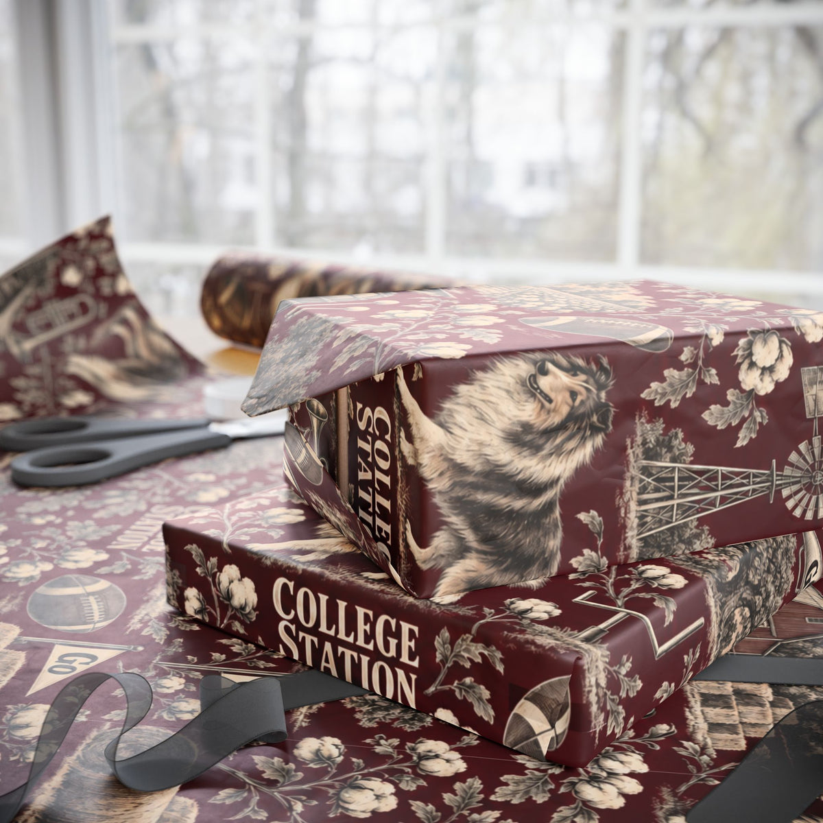 College Station, Texas Football Toile Wrapping Paper: Maroon and White Gift Wrap