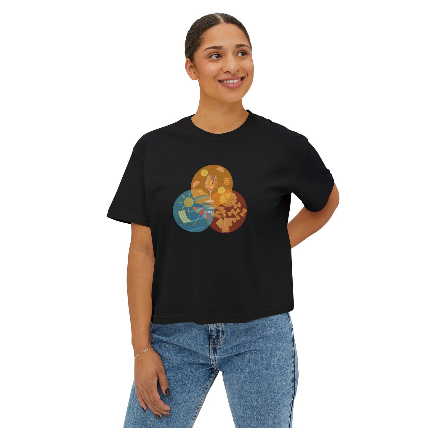 Euro Summer Venn Diagram Boxy Graphic Tee,  Summer Italian Travel Theme- Women's Relaxed Short Sleeve Fit T-Shirt