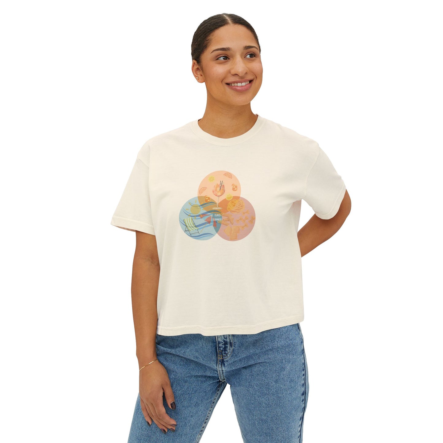 Euro Summer Venn Diagram Boxy Graphic Tee,  Summer Italian Travel Theme- Women's Relaxed Short Sleeve Fit T-Shirt