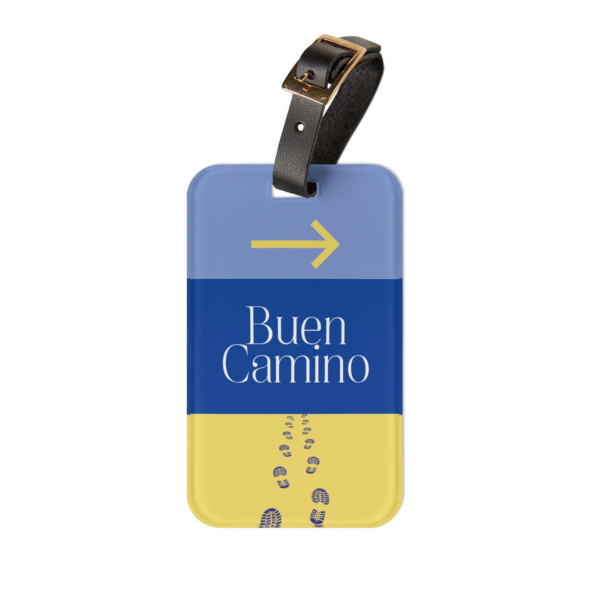 Luggage tag with 'Buén Camino' text and arrow design on a blue and yellow background