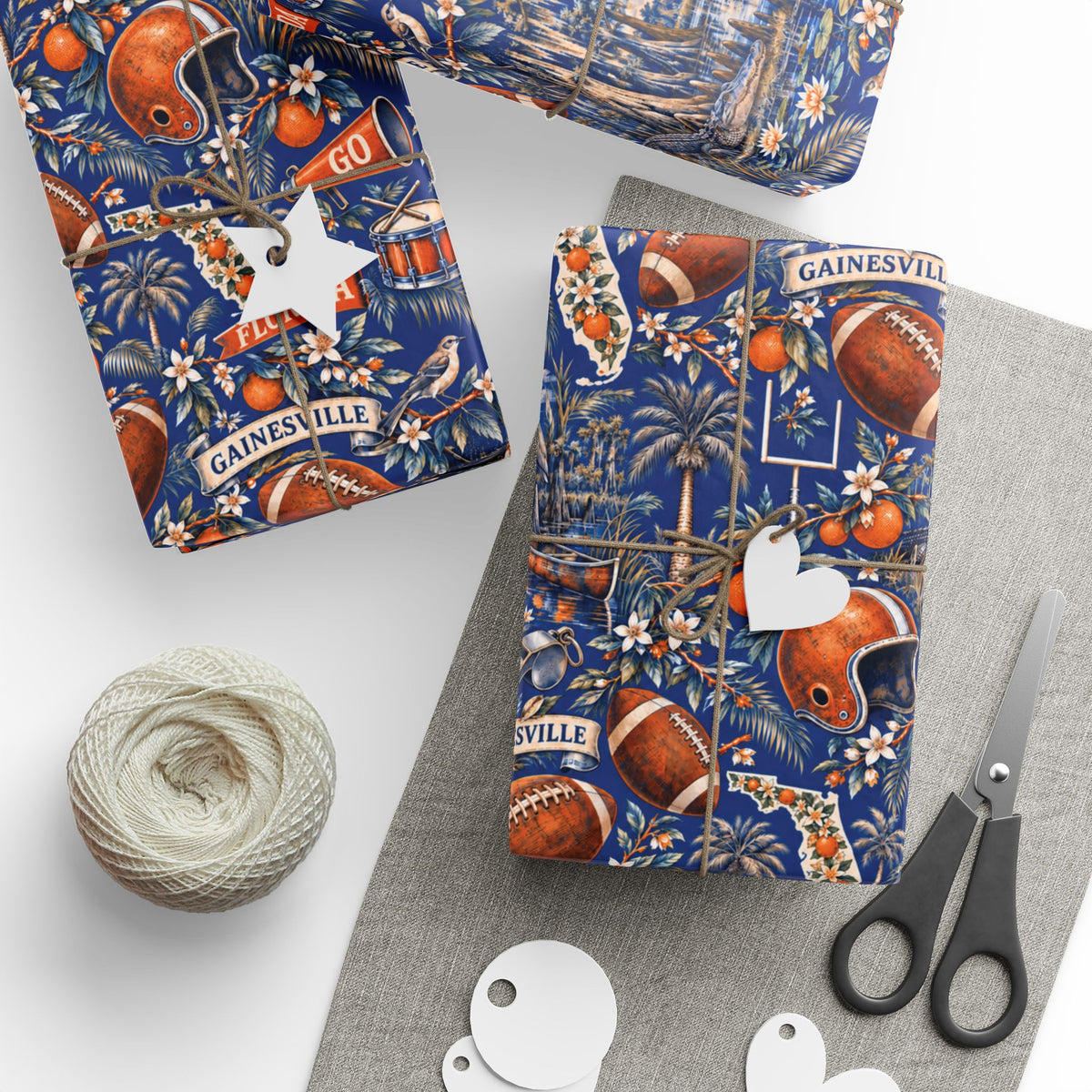 Gainesville, Florida Football Toile Wrapping Paper: Blue and Orange Gift Wrap
