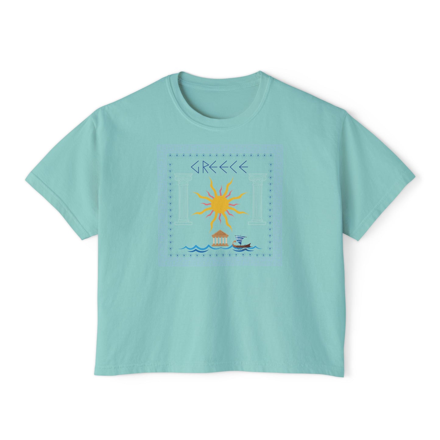 Greek Summer Boxy Graphic Tee,  Summer Greece Travel Theme- Women's Relaxed Short Sleeve Fit T-Shirt