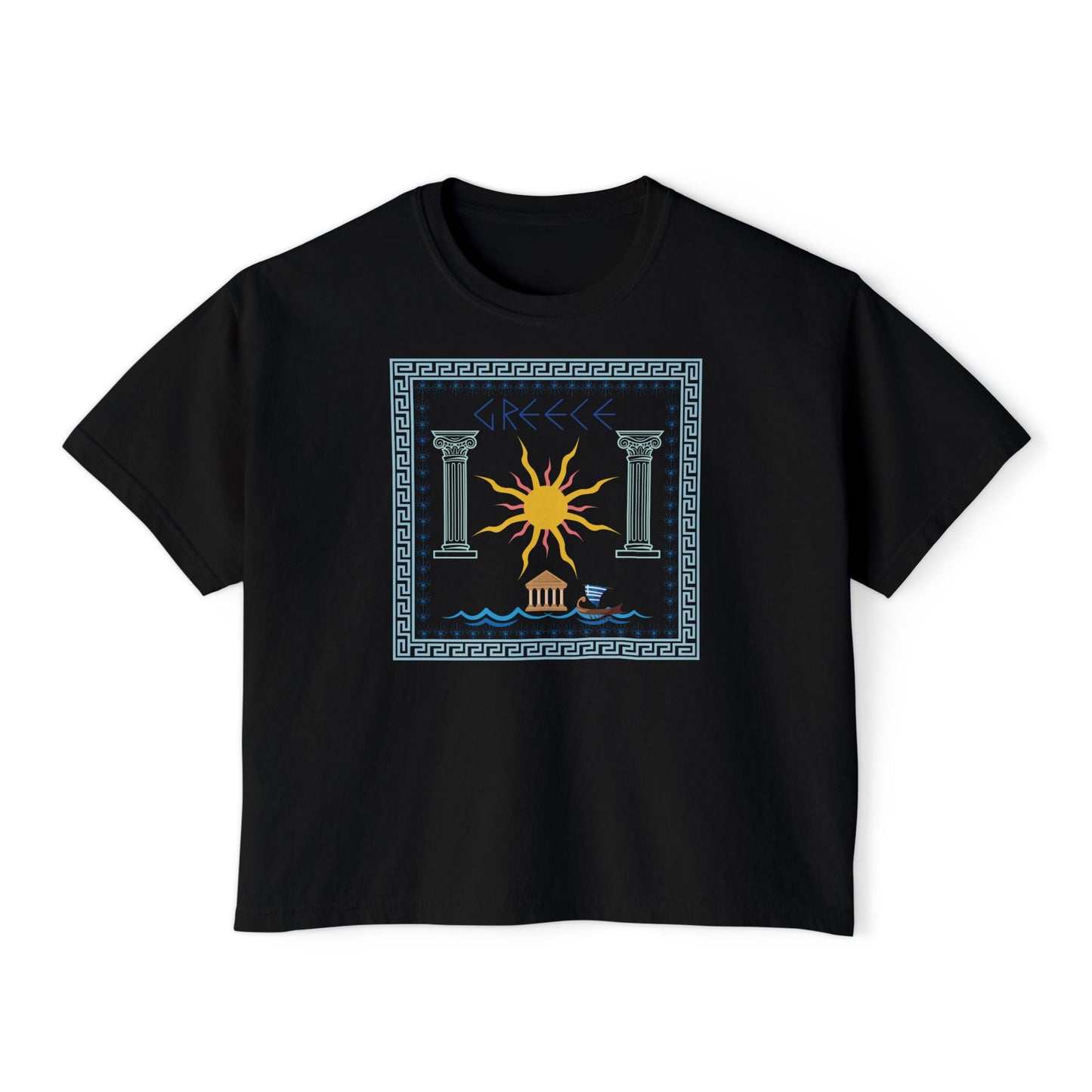 Greek Summer Boxy Graphic Tee,  Summer Greece Travel Theme- Women's Relaxed Short Sleeve Fit T-Shirt