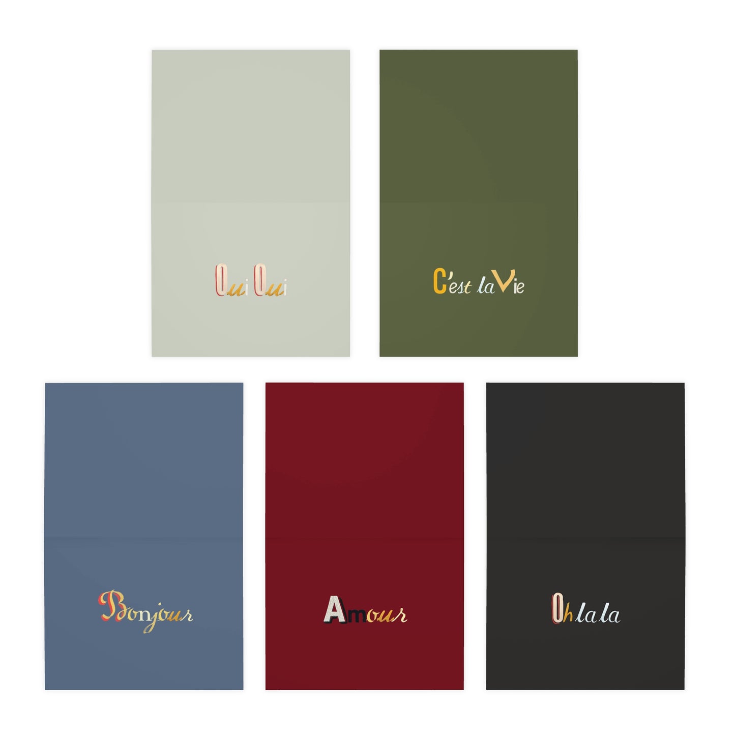 French Phrases in Parisian Letters Colorful Greeting Cards 5-Pack | Oui Oui, Bonjour, Amour, C'est la Vie, Ohlala