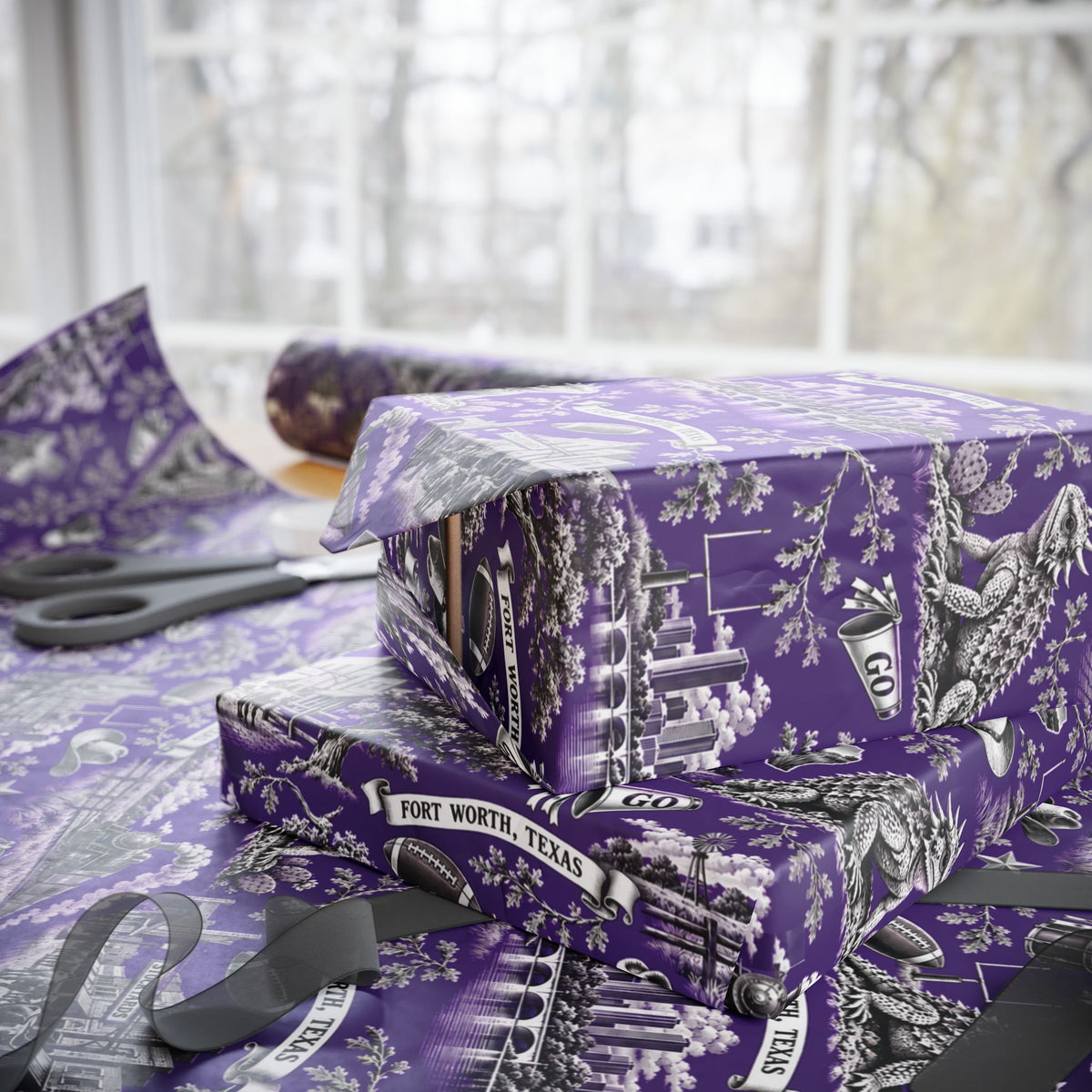 Fort Worth, Texas Football Toile Wrapping Paper: Purple and White Gift Wrap