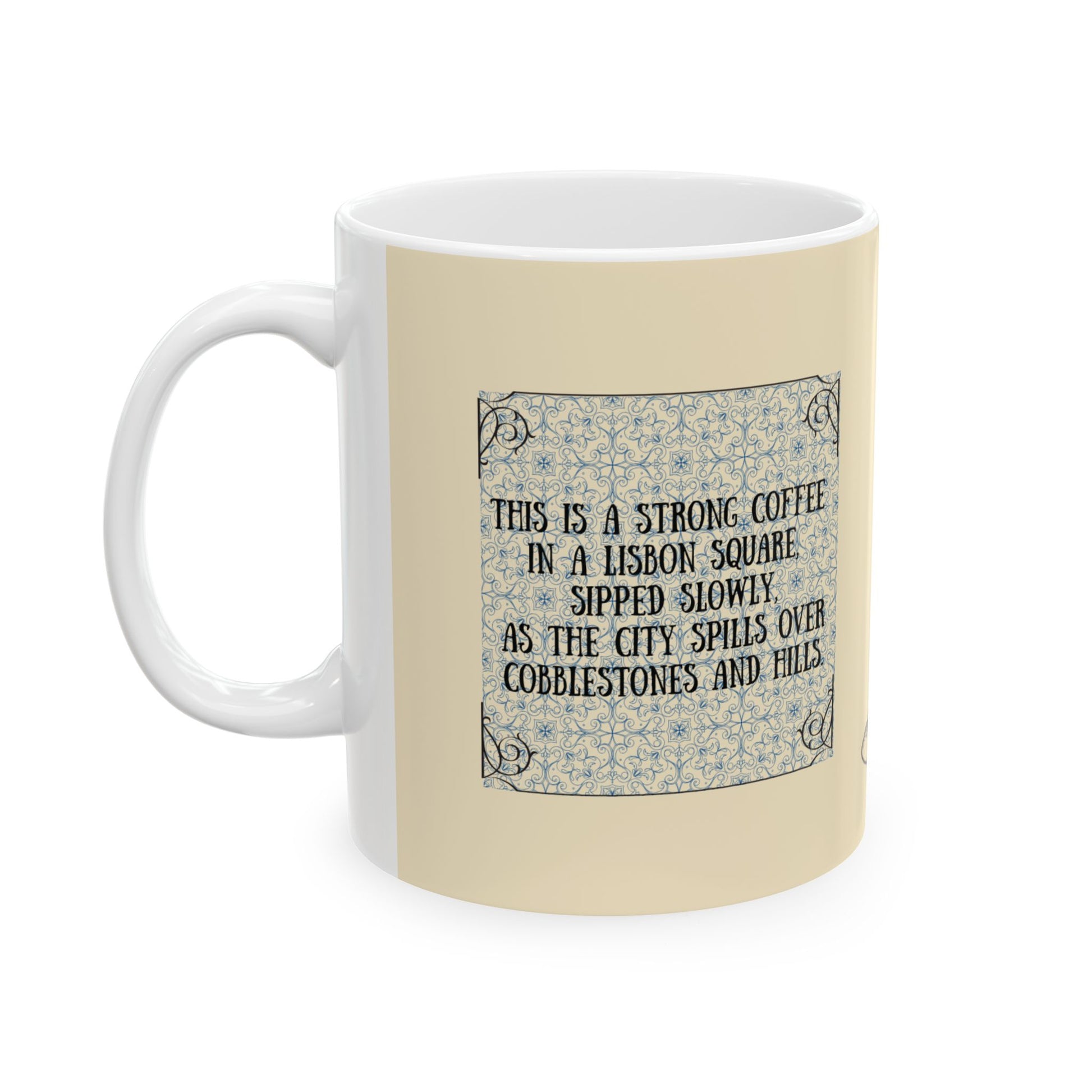 Mug with Lisbon text and pattern on a beige background