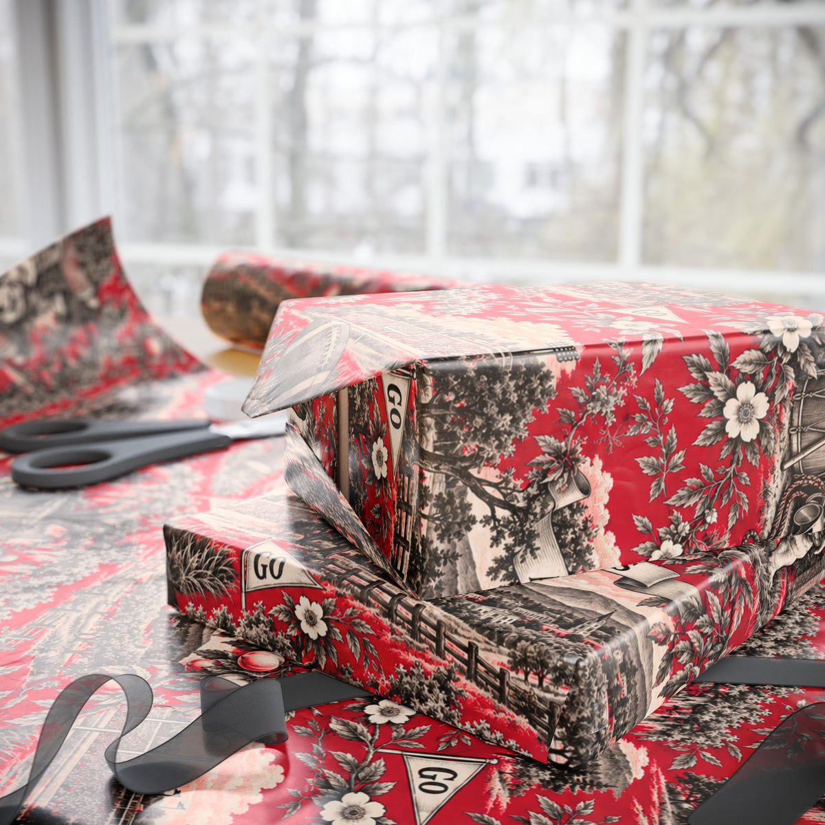 Athens, Georgia Football Toile Wrapping Paper: Red and Black Gift Wrap