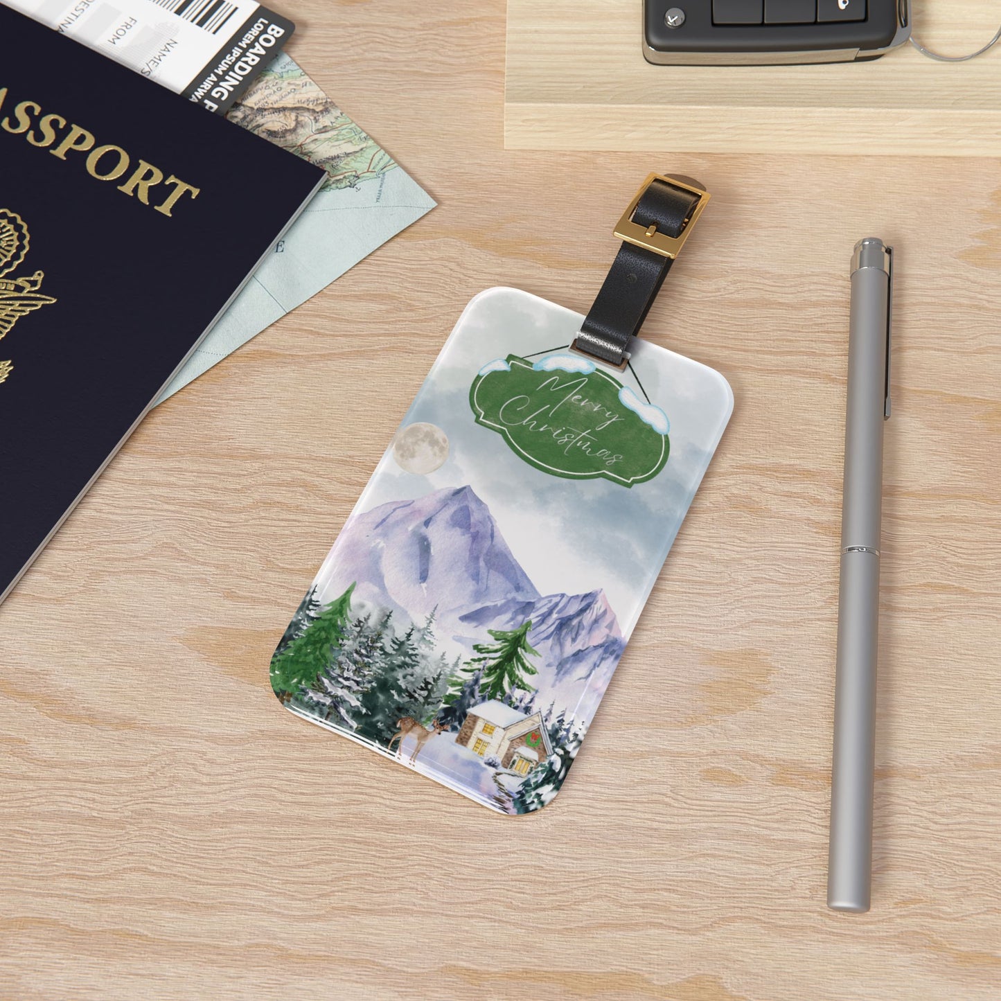 Snowy Christmas Mountain Travel Acrylic Luggage Tag
