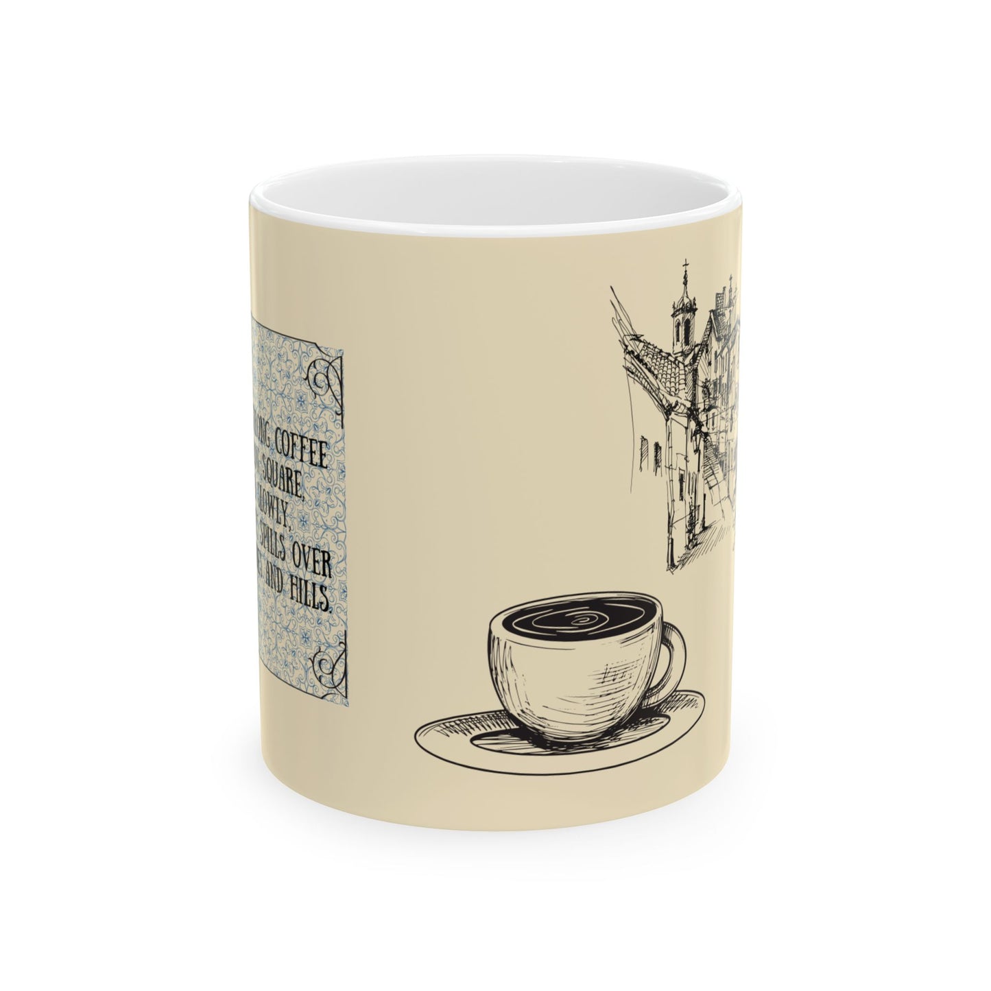 Beige mug with black coffee cup design and text on a white background