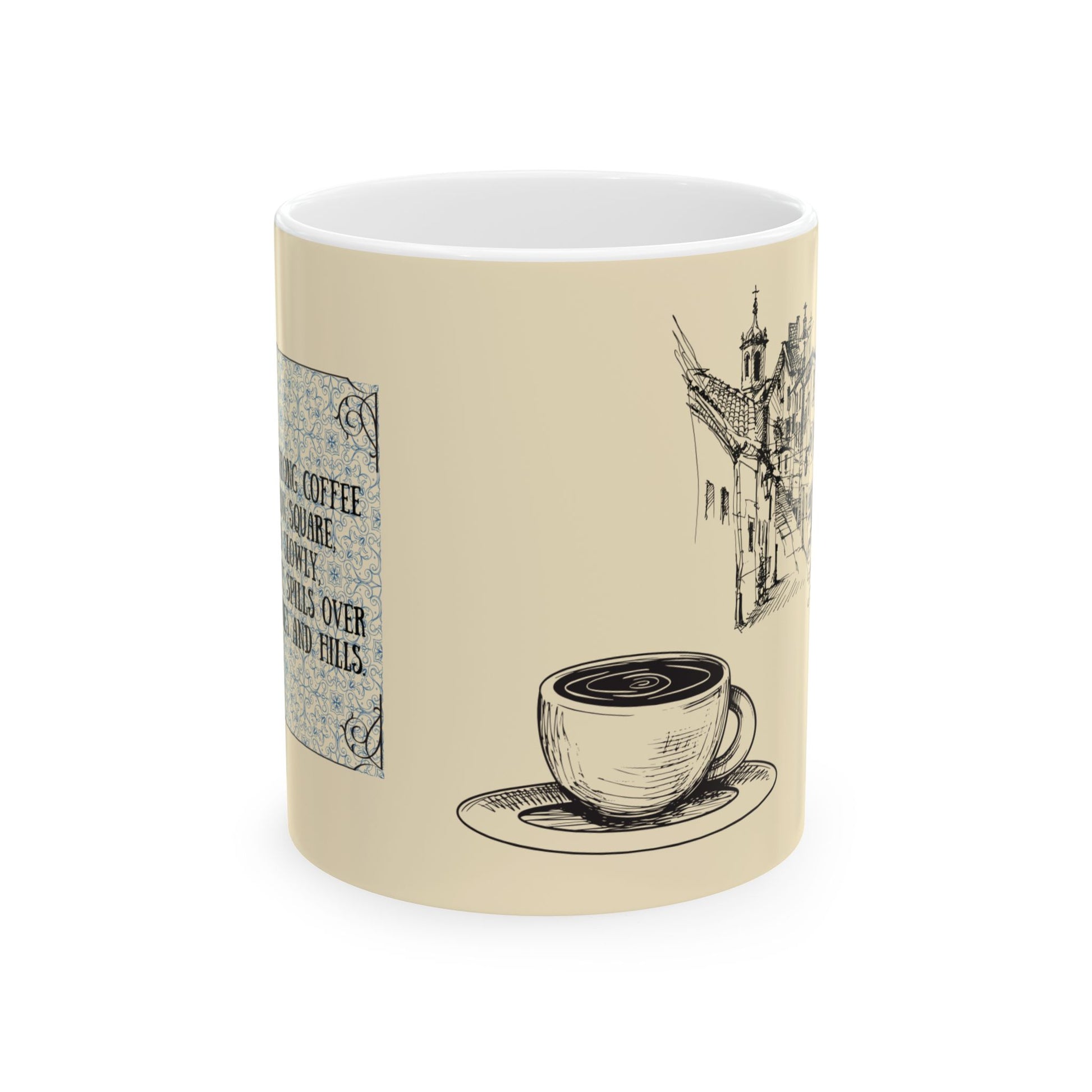 Beige mug with black coffee cup design and text on a white background