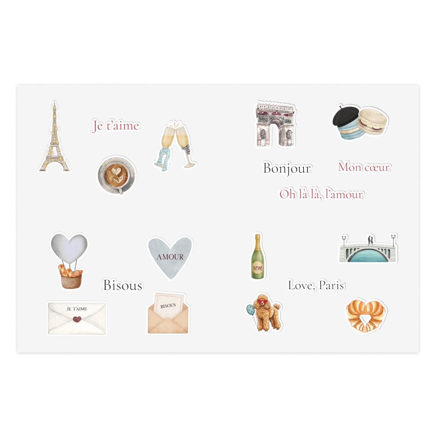 Valentine's Day in Paris Sticker Sheet Blue| Eiffel Tower, Arc de Triomphe, Macarons, Champagne