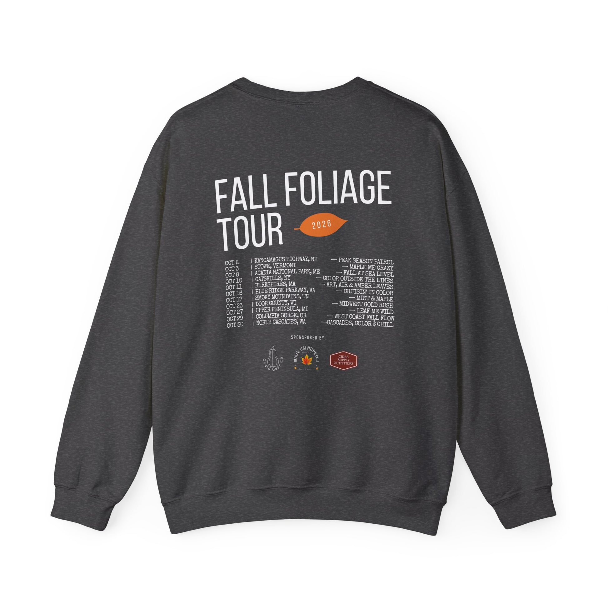 A dark gray crewneck sweatshirt shown from the back, featuring a white 'FALL FOLIAGE TOUR 2025' graphic with a small orange maple leaf and a list of concert venues and bands.