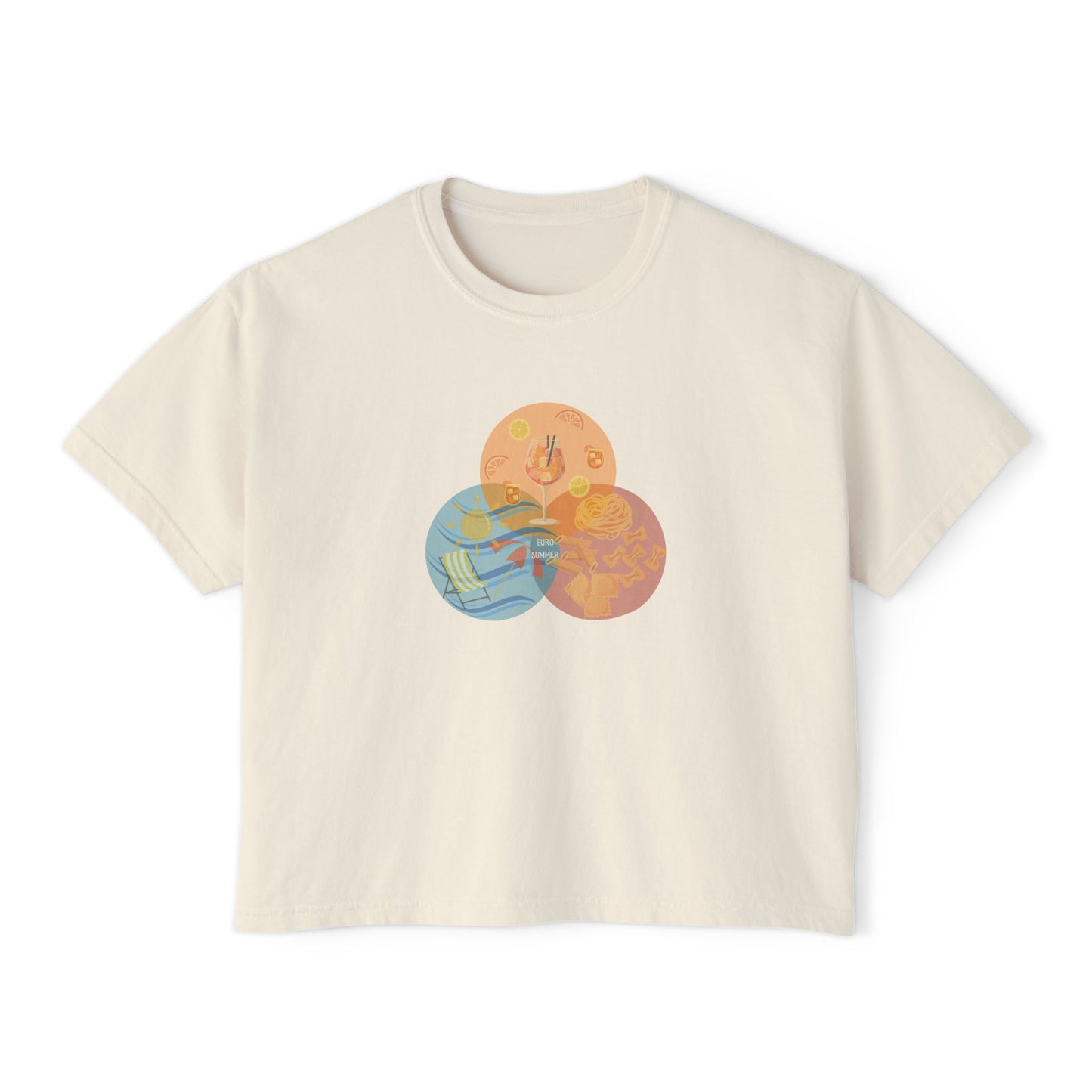 Euro Summer Venn Diagram Boxy Graphic Tee,  Summer Italian Travel Theme- Women's Relaxed Short Sleeve Fit T-Shirt