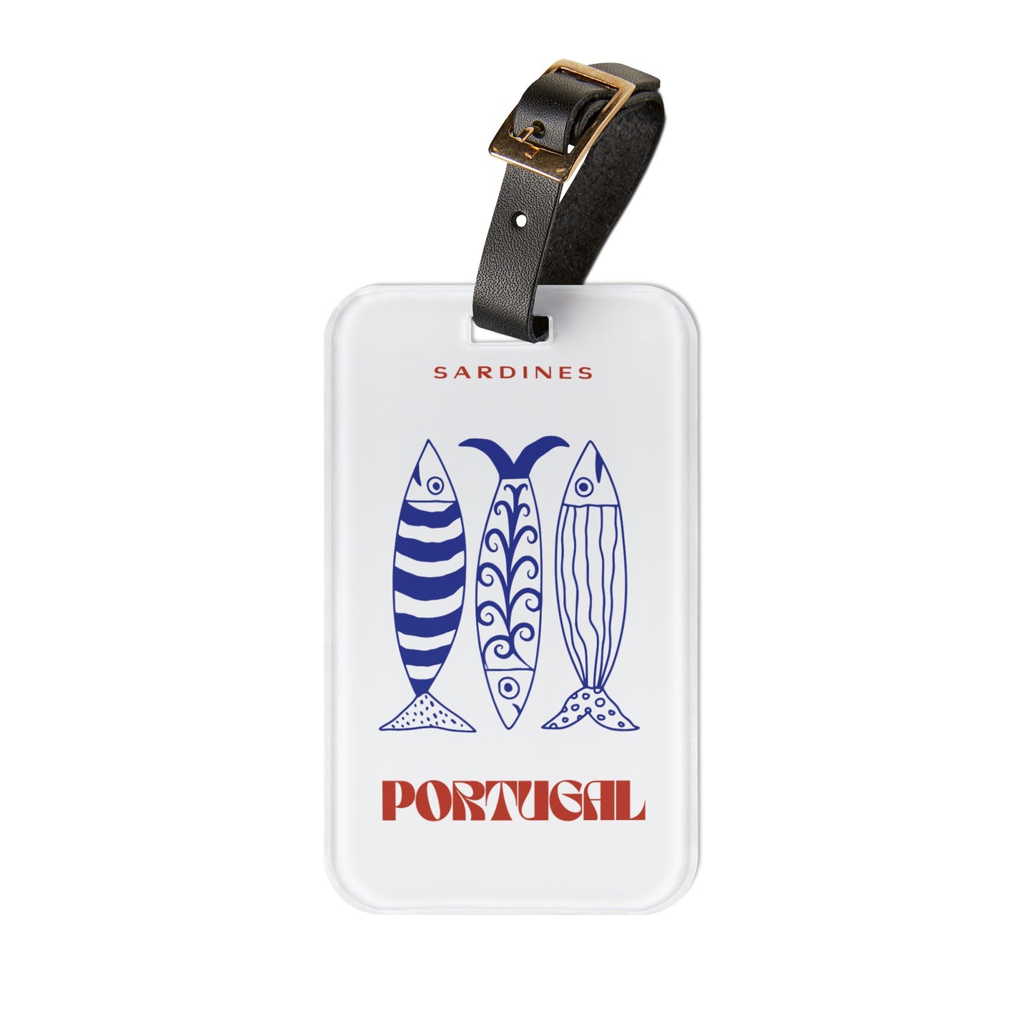 A white luggage tag with a black leather strap and gold buckle, featuring blue sardine illustrations and the words 'SARDINES' and 'PORTUGAL' in red, on a plain white background.