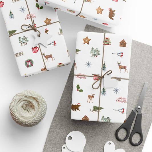 Mountain Themed Green Christmas Festive Whimsical Wrapping Paper For Holiday, Christmas Gifts