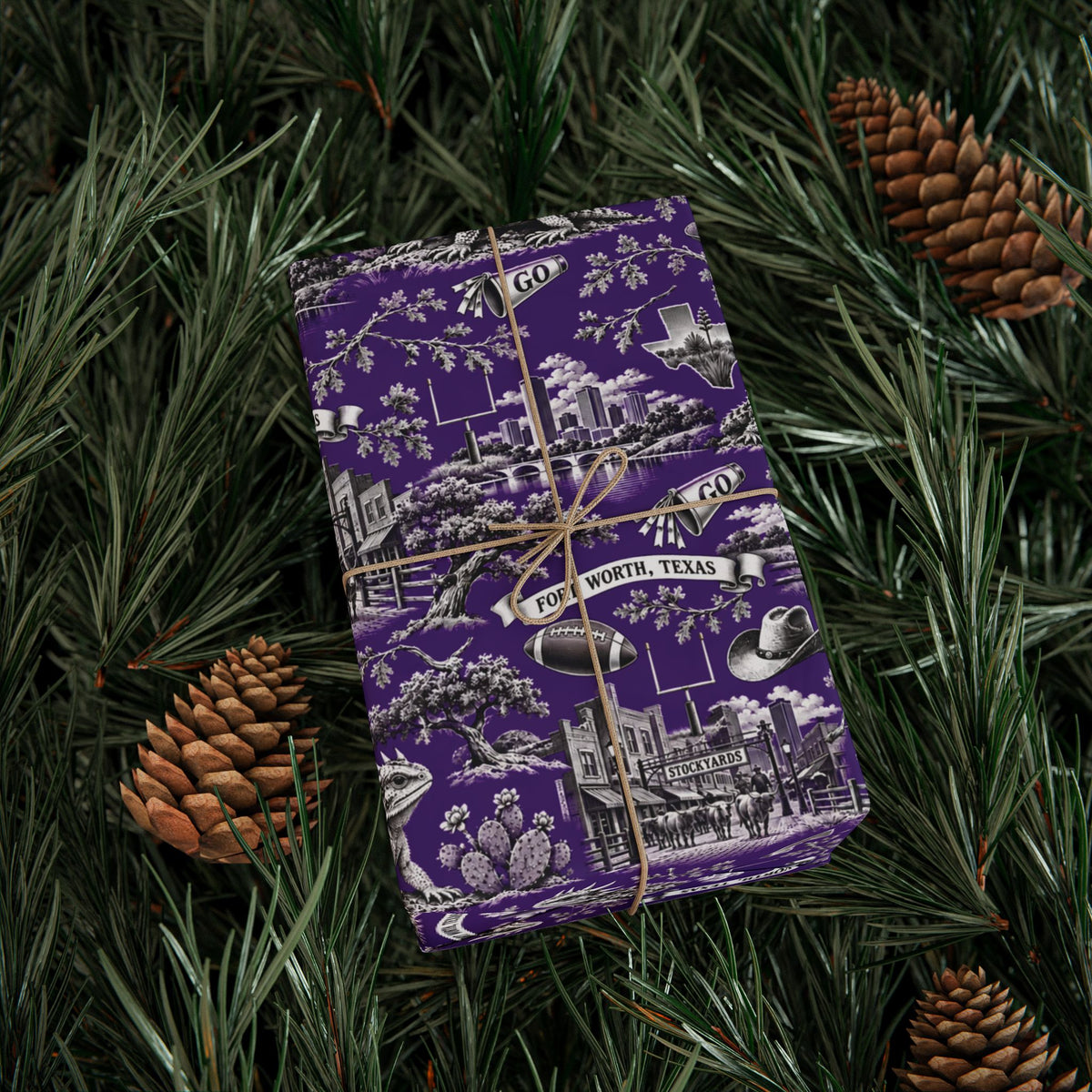 Fort Worth, Texas Football Toile Wrapping Paper: Purple and White Gift Wrap