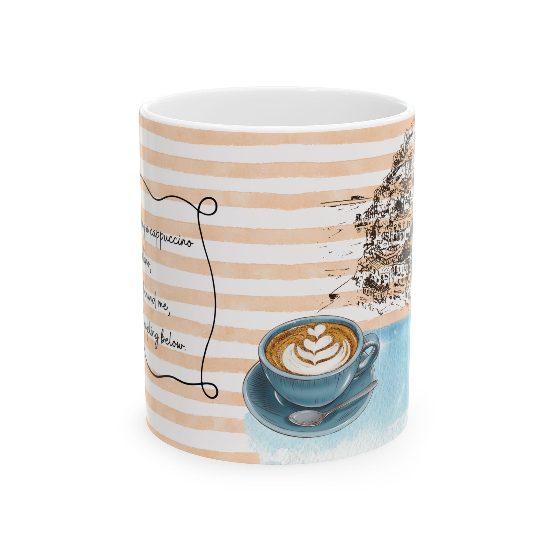 Mug with a design of a coffee cup and saucer on a striped background