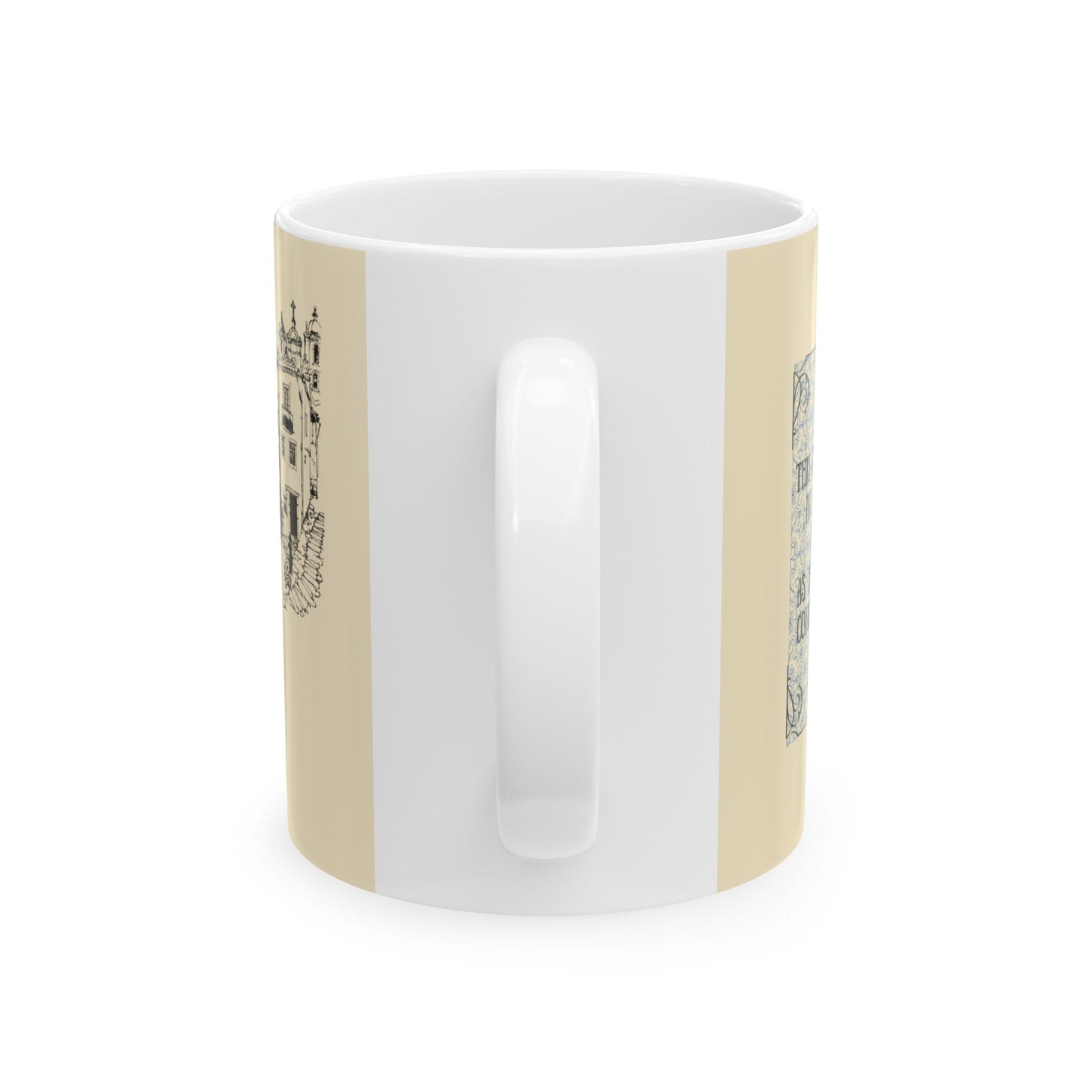 White mug with beige accents featuring black text and graphics on a white background