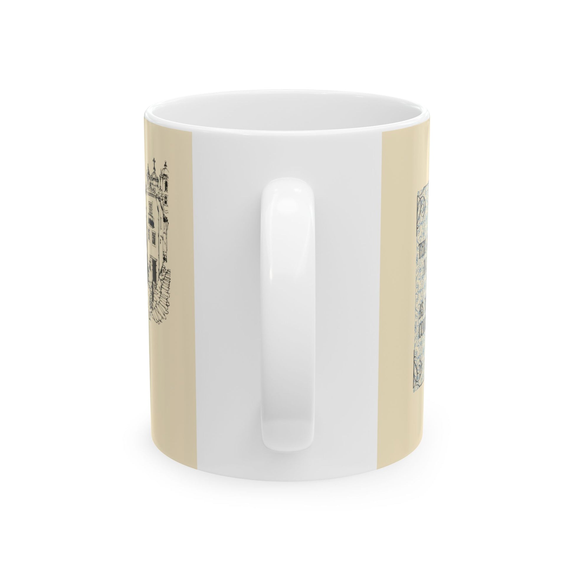 White mug with beige accents featuring black text and graphics on a white background
