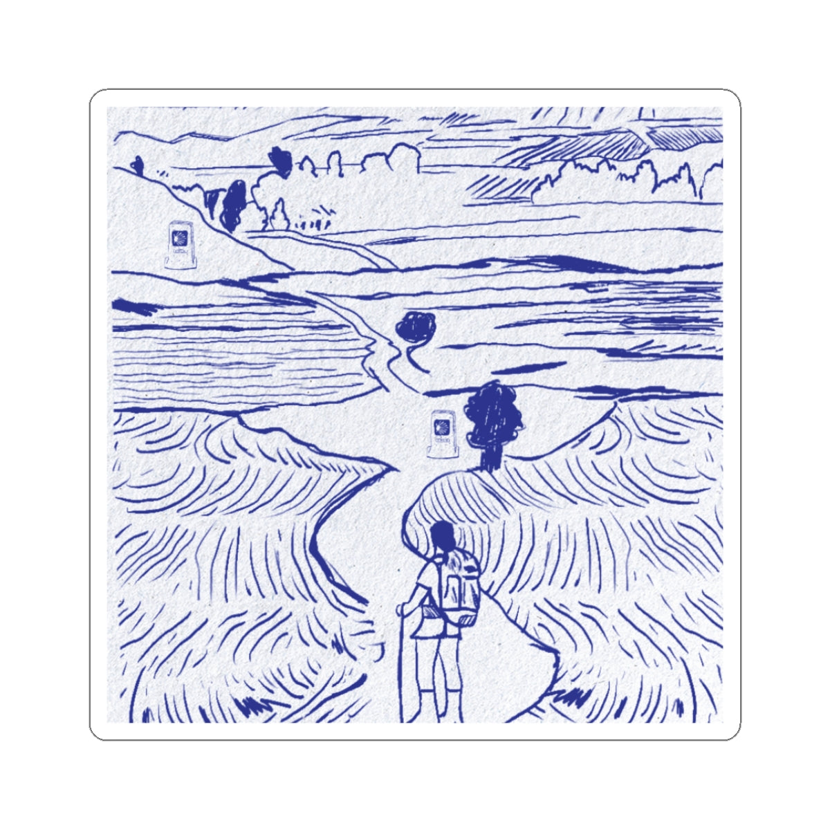 Blue line art of a landscape with a person walking on a path.