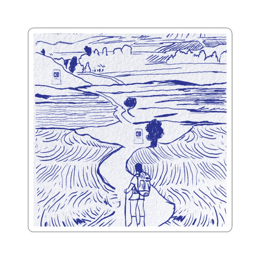 Blue line art of a landscape with a person walking on a path.