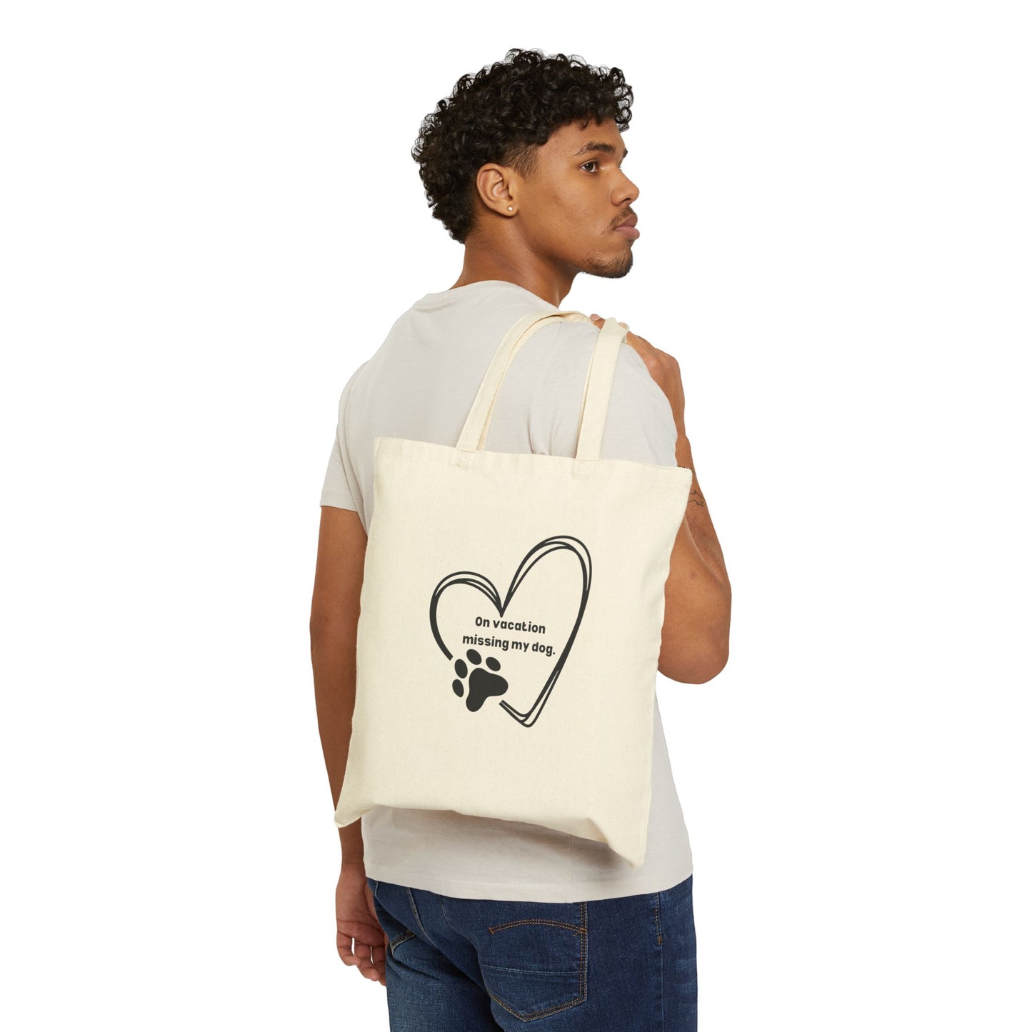 On Vacation Missing My Dog- Heart Style Cotton Canvas Tote Bag for Dog Lovers