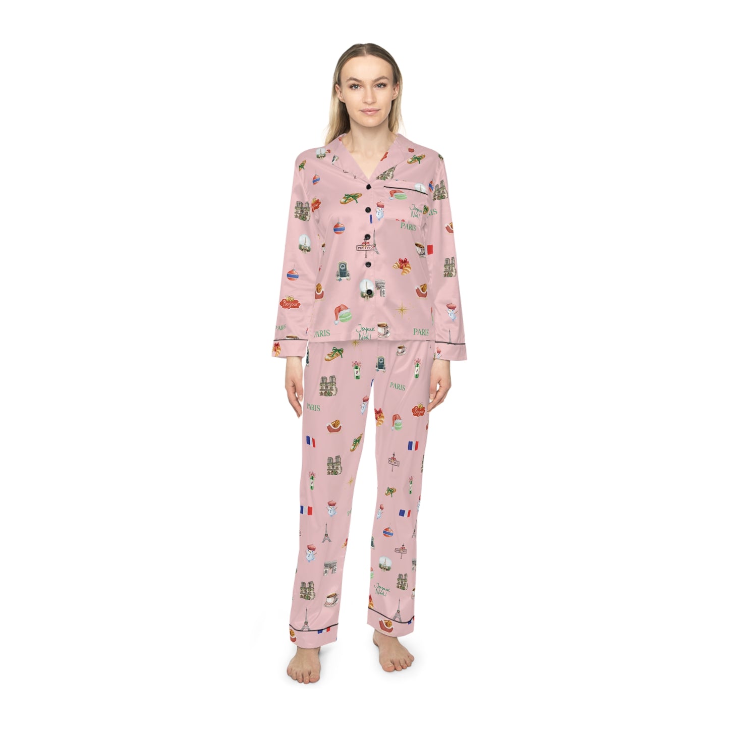 Paris Christmas Holidays Pink Women's Satin Pajamas