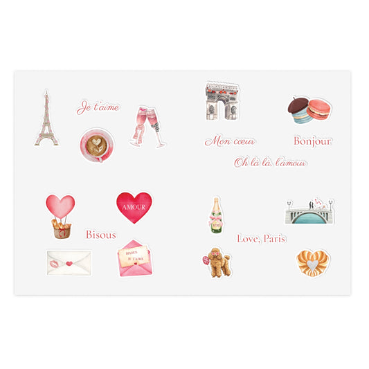 Valentine's Day in Paris Sticker Sheet Pink & Red | Eiffel Tower, Arc de Triomphe, Macarons, Champagne