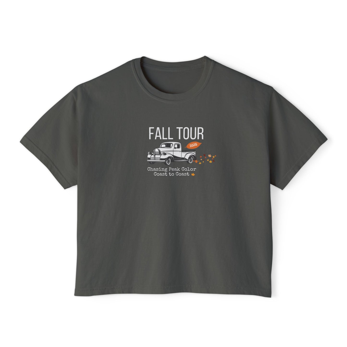 Fall Concert Style Leaf Peeping Graphic Tee,  Fall Travel Theme- Women's Relaxed Short Sleeve Boxy Fit Tee