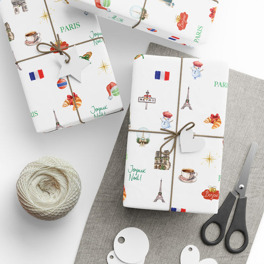 Paris France Themed Christmas Festive Whimsical Wrapping Paper For Holiday, Christmas Gifts
