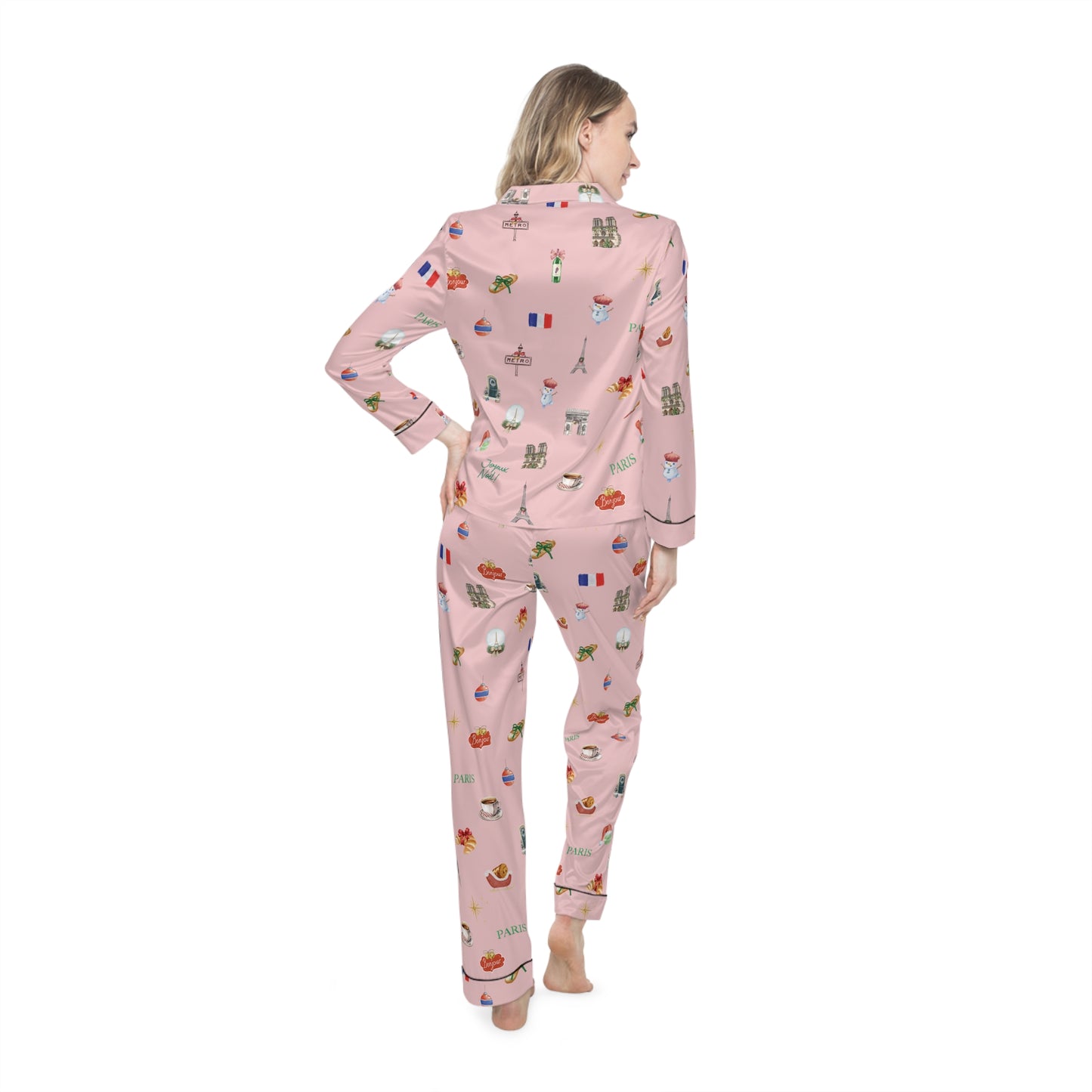 Paris Christmas Holidays Pink Women's Satin Pajamas