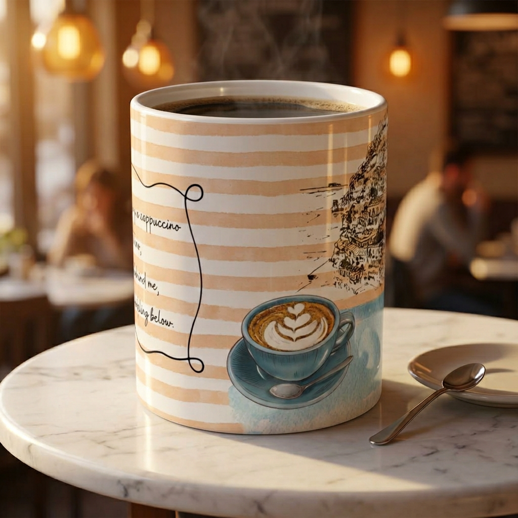 Striped coffee mug with a coffee cup design on a marble table in a café setting