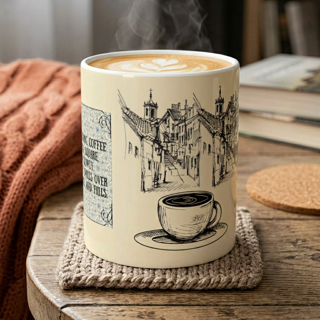 Steaming coffee cup with artistic design on a wooden table