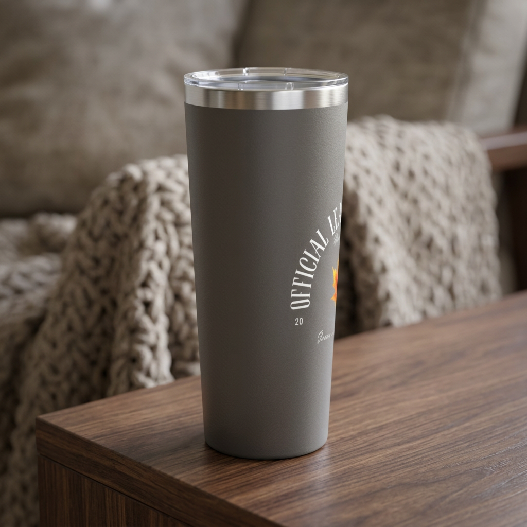 A matte gray insulated tumbler with a clear lid sits on a wooden table in front of a cozy knitted blanket and sofa.