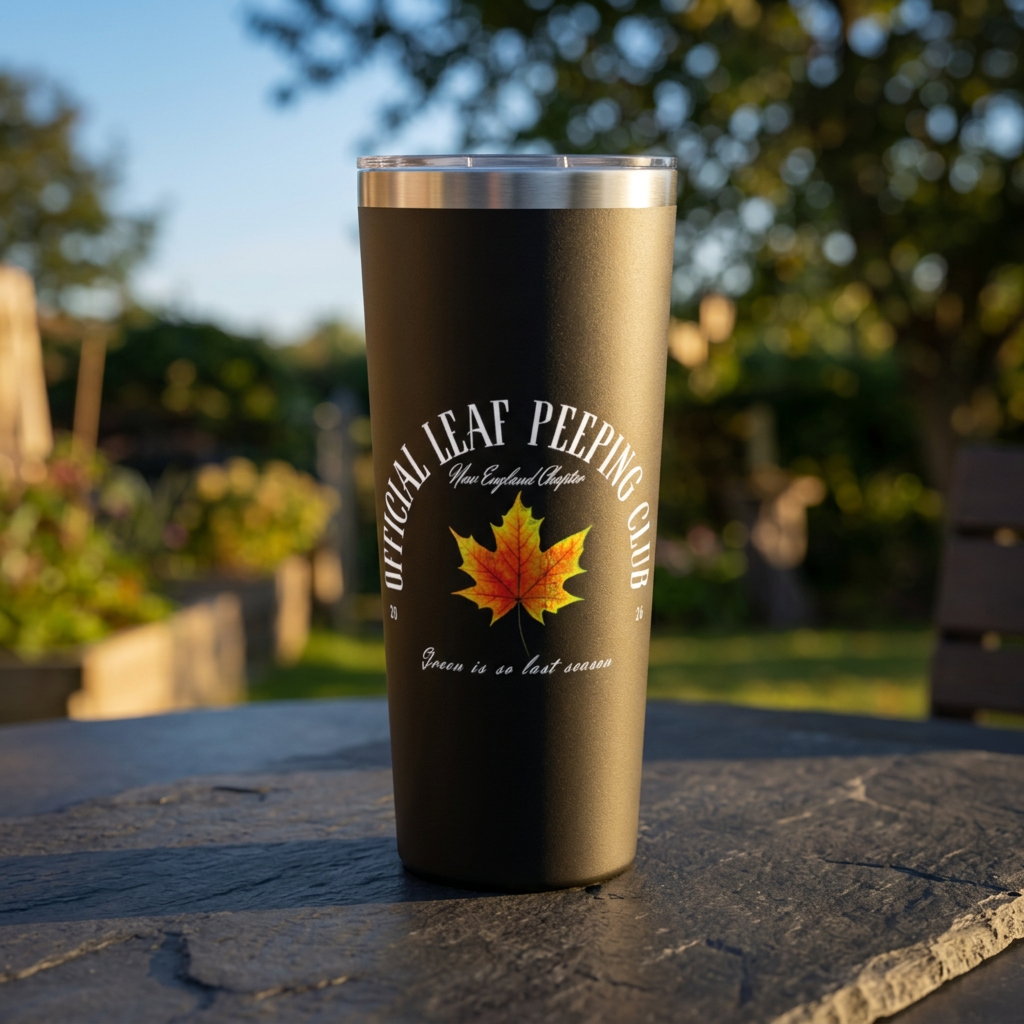 A matte black insulated tumbler with a silver lid sits on a stone table outdoors. The tumbler has a printed design featuring a yellow and orange maple leaf with the text 'OFFICIAL LEAF PEEPING CLUB' and 'Green is so last season'.