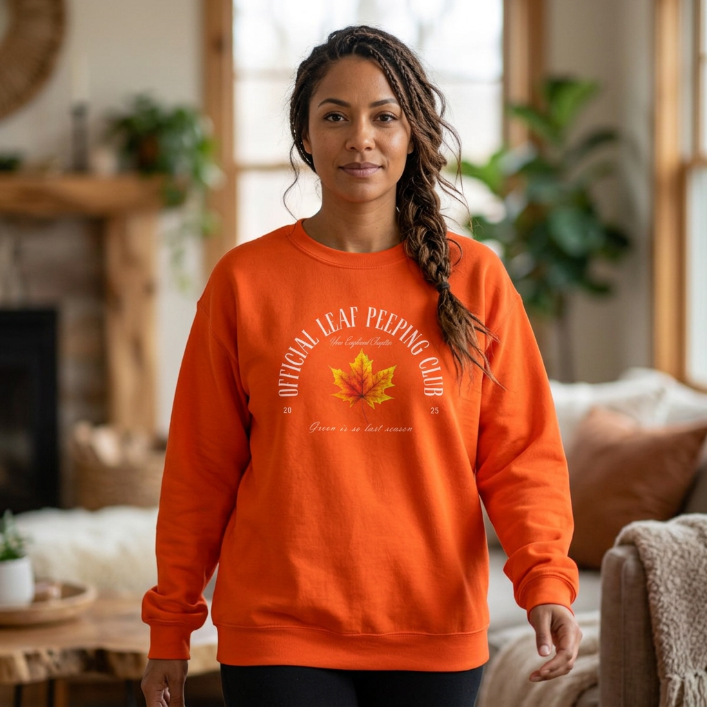 A woman wearing a bright orange crewneck sweatshirt with a graphic that reads 'Official Leaf Peeping Club' and features a red and yellow maple leaf in the center, standing in a cozy, softly lit living room.