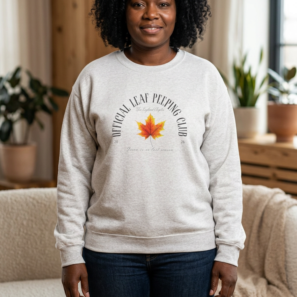 A woman wearing a light heather gray crewneck sweatshirt with a graphic that reads 'Official Leaf Picking Club' and features an orange maple leaf in the center, standing in a cozy living room setting.