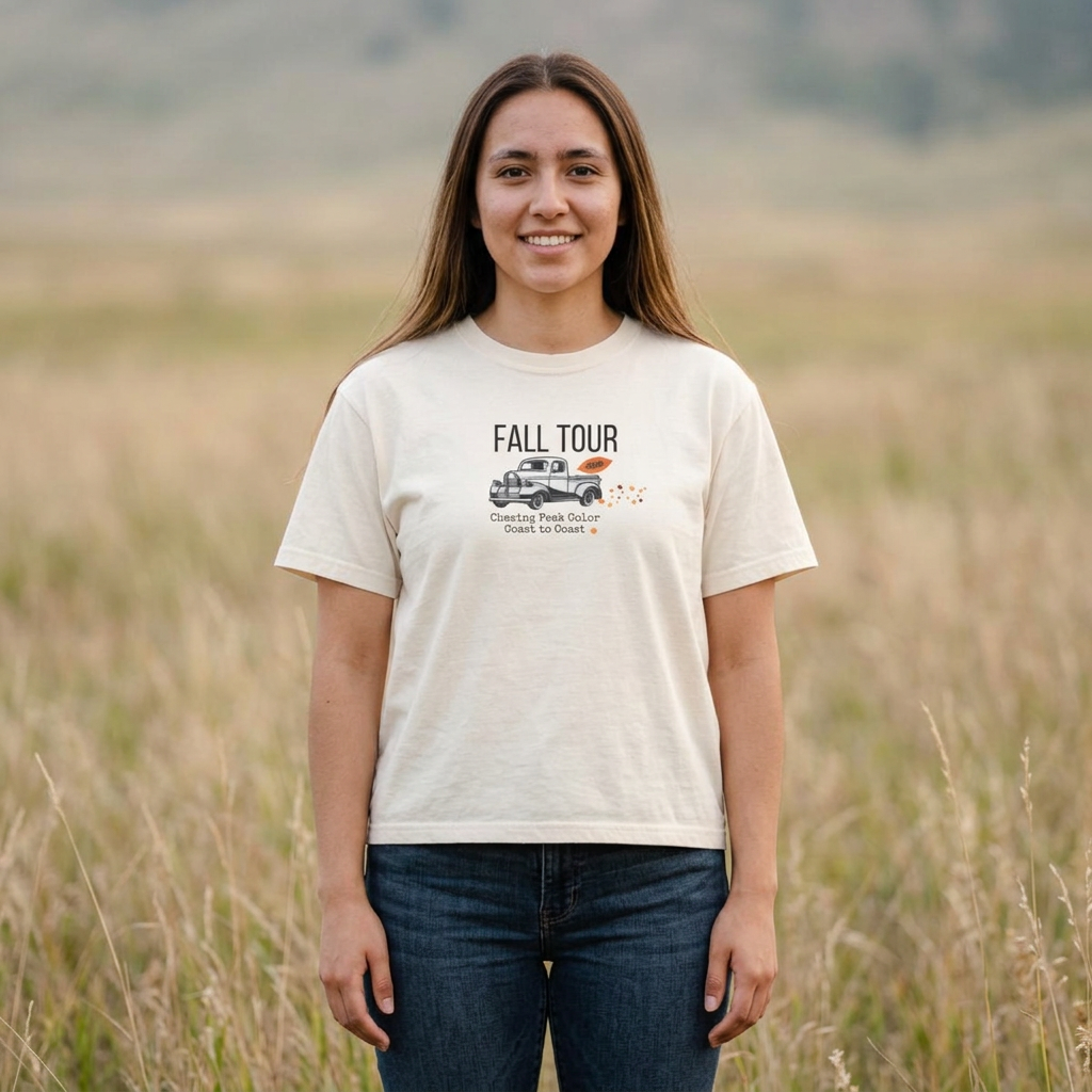 A woman standing in a grassy field wearing a cream-colored graphic t-shirt with a black and white truck illustration and the text 'FALL TOUR'.