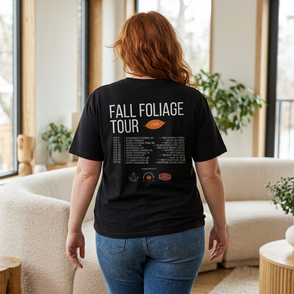 A woman with red hair is shown from behind wearing a black graphic t-shirt with a 'Fall Foliage Tour' concert schedule printed on the back, paired with blue jeans in a bright, modern living room.