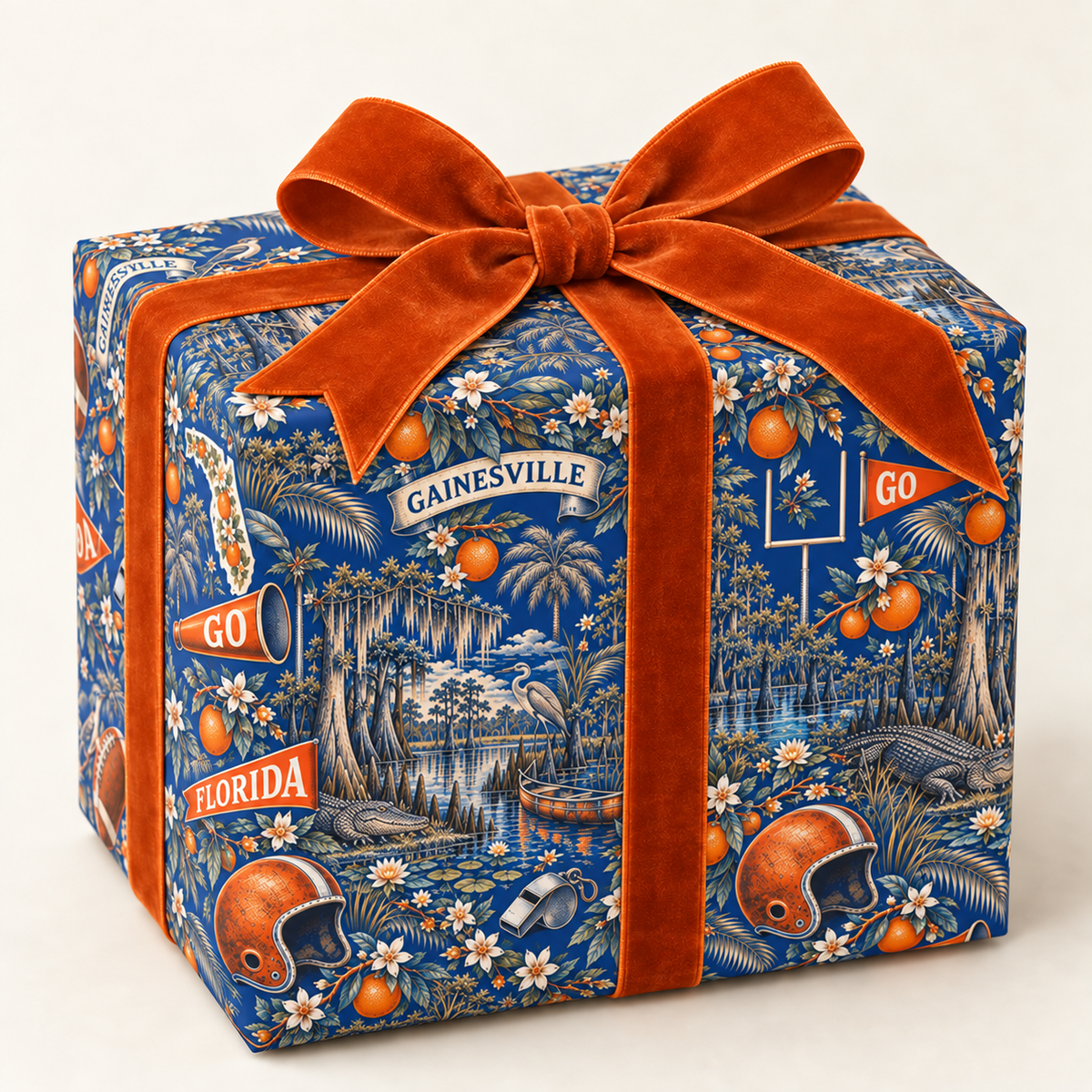 Gainesville, Florida Football Toile Wrapping Paper: Blue and Orange Gift Wrap