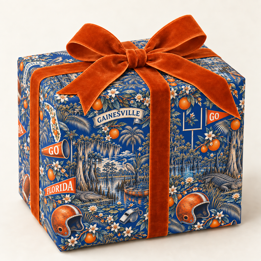 Gainesville, Florida Football Toile Wrapping Paper: Blue and Orange Gift Wrap