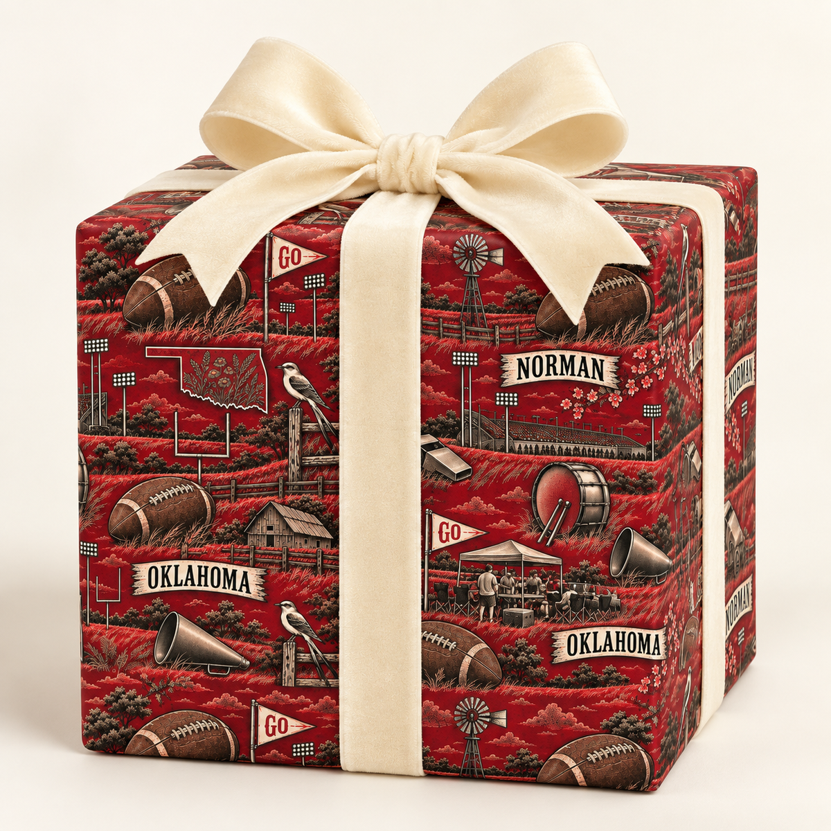 Norman, Oklahoma Football Toile Wrapping Paper: Crimson and Cream Gift Wrap