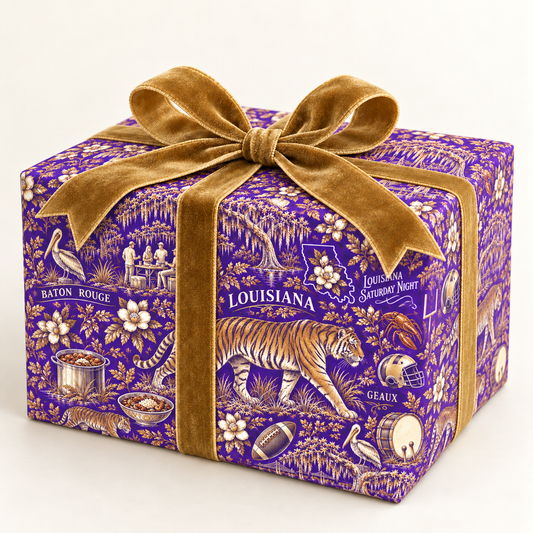 Baton Rouge, Louisiana Football Toile Wrapping Paper: Purple and Gold Gift Wrap