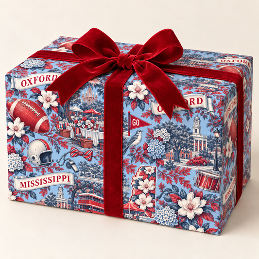 Oxford Mississippi Football Toile Wrapping Paper: Powder Blue and Red Gift Wrap