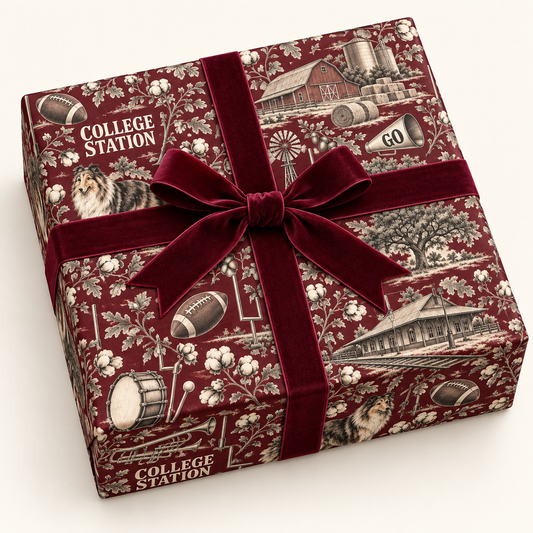 College Station, Texas Football Toile Wrapping Paper: Maroon and White Gift Wrap