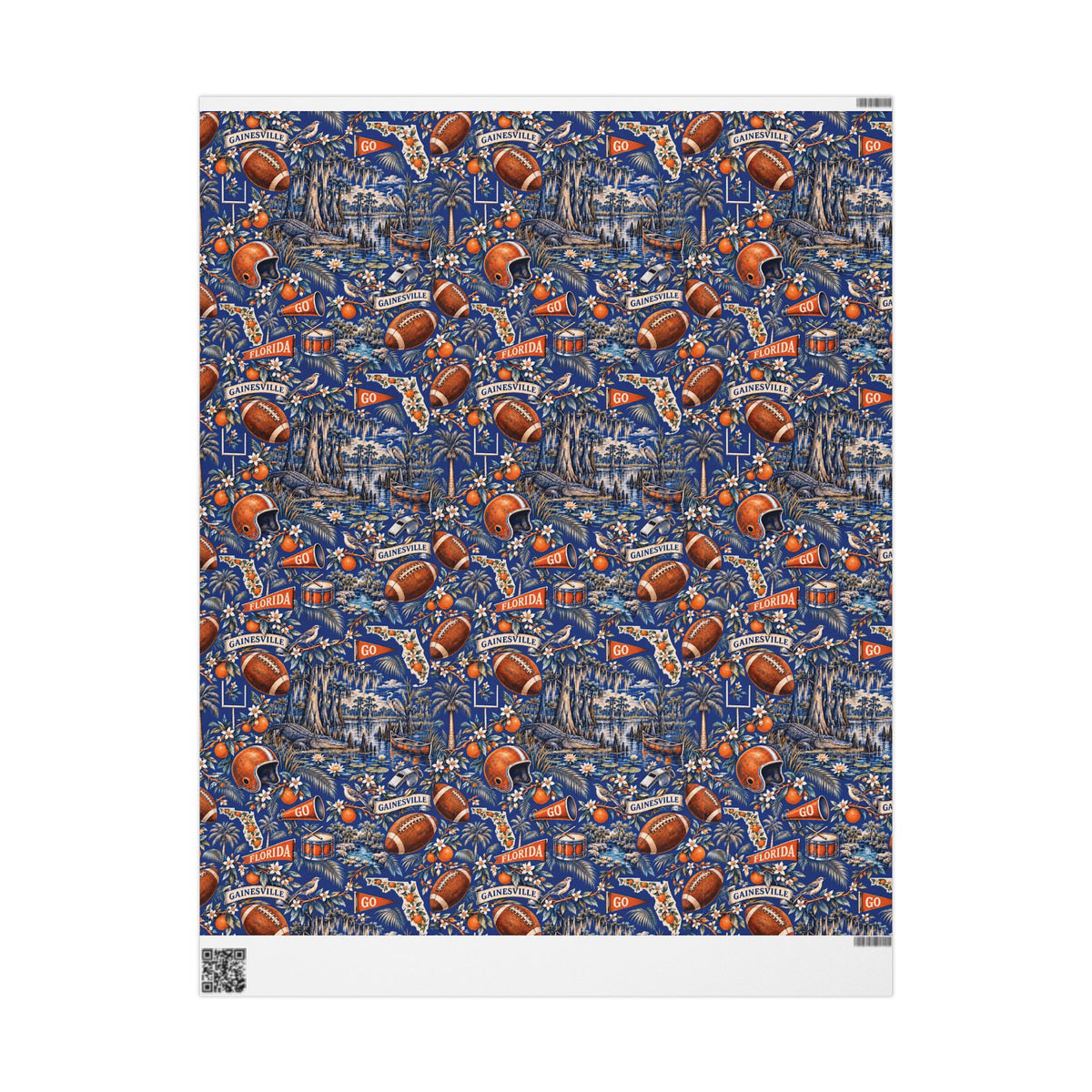 Gainesville, Florida Football Toile Wrapping Paper: Blue and Orange Gift Wrap