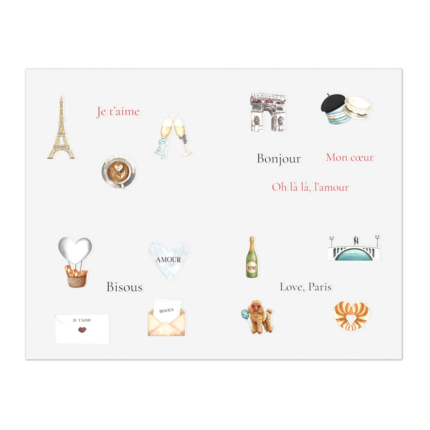Valentine's Day in Paris Sticker Sheet Blue| Eiffel Tower, Arc de Triomphe, Macarons, Champagne
