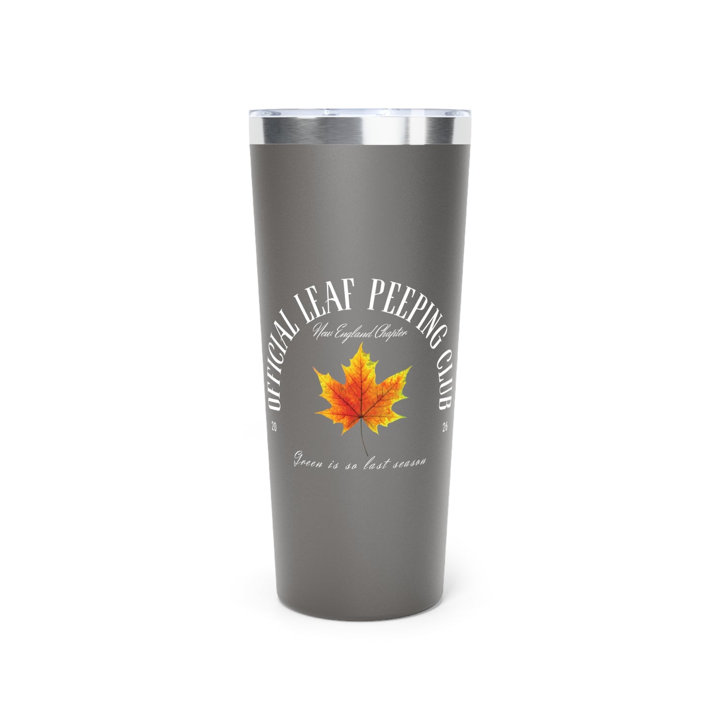 A matte dark gray insulated tumbler with a clear lid and a printed design featuring a yellow-orange maple leaf and the words 'Official Leaf Peeping Club' on a white background.