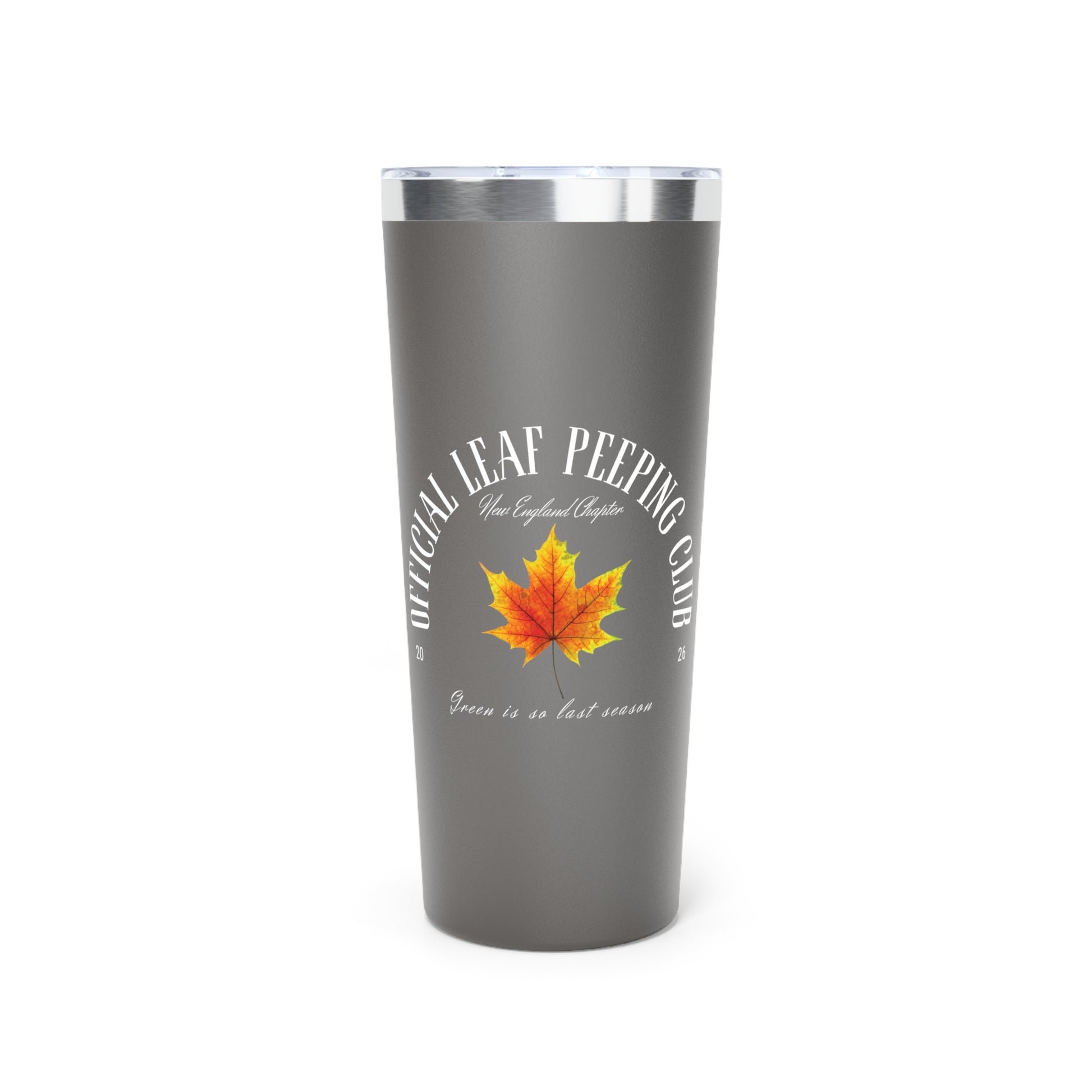 A matte dark gray insulated tumbler with a clear lid and a printed design featuring a yellow-orange maple leaf and the words 'Official Leaf Peeping Club' on a white background.